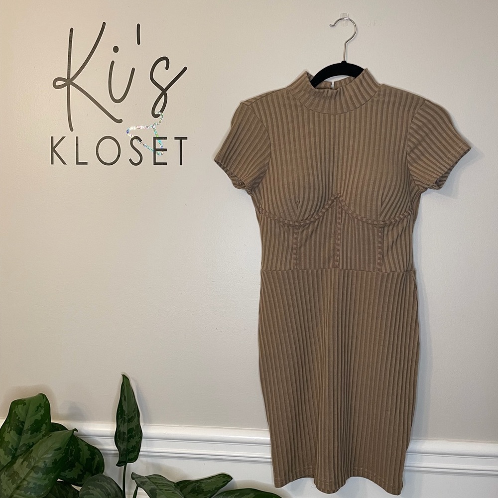 Beige Ribbed Keyhole Back Dress